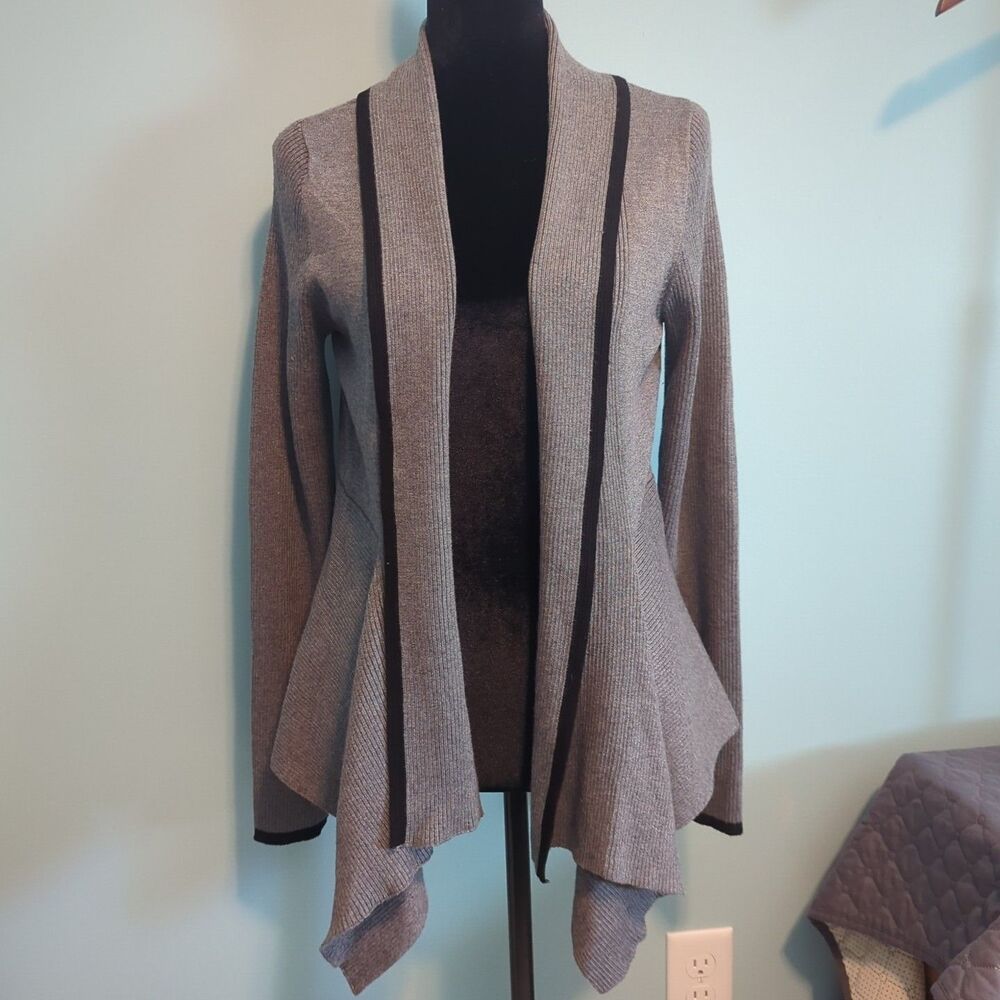 Waterfall Ribbed Knit Cardigan Gray W Black Trim M Open-Front Layering